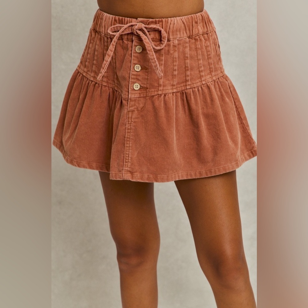SO ME Mineral Wash Pintucked Corduroy Mini Flared Skirt
